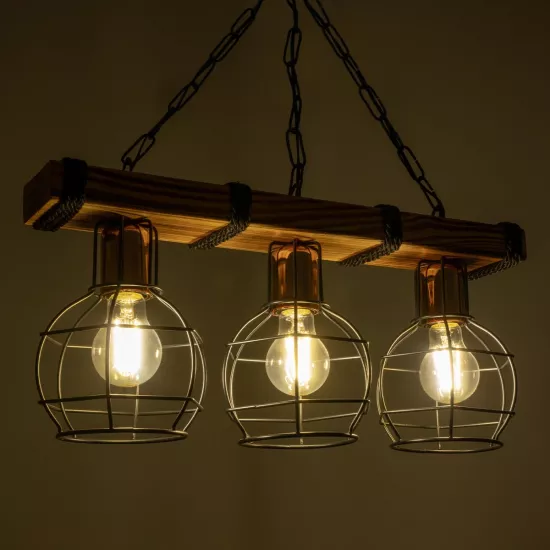 STARLO 201-0006 Vintage Κρεμαστό Φωτιστικό Ράγα Τρίφωτο 3 x E27 IP20 Μπεζ Ξύλο με Μαύρο Μέταλλο - Μ50 x Π16 x Υ23cm