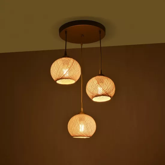 ILLUMIO 201-0027 Vintage Κρεμαστό Φωτιστικό Μπάλα Τρίφωτο 3 x E27 IP20 Χρυσό Μέταλλο με Μπεζ Σχοινί - Μ40 x Π40 x Υ53cm