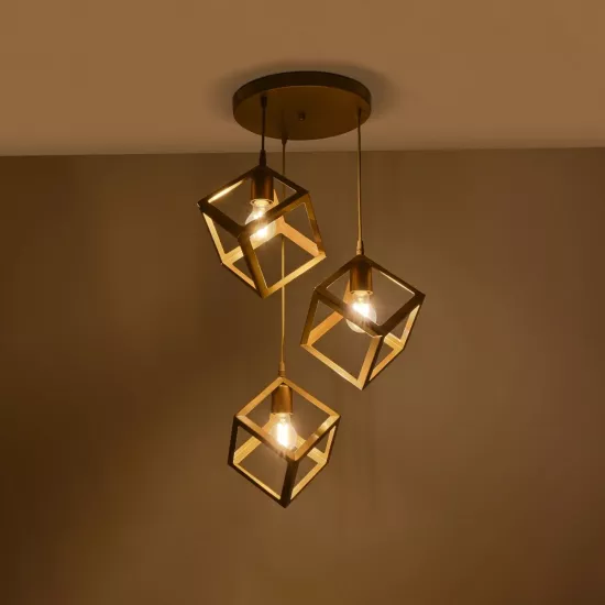 DISE 201-0057 Μοντέρνο Κρεμαστό Φωτιστικό Οροφής με Ντουί 3 x E27 AC 220-240V IP20 - Χρυσό - Μ48 x Π48 x Υ65cm