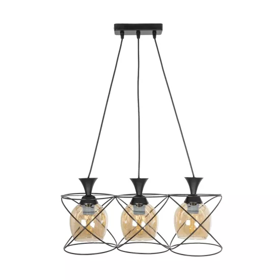 GLINDER 201-0067 Vintage Κρεμαστό Φωτιστικό Οροφής με Ντουί 3 x E27 AC 220-240V IP20 - Μαύρο & Μελί - Μ53 x Π25 x Υ23cm