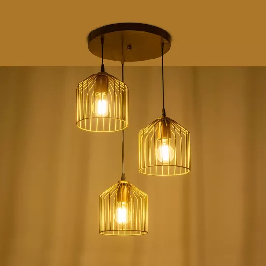 FLIXIO 201-0138 Vintage Κρεμαστό Φωτιστικό Οροφής με Ντουί 3 x E27 AC 220-240V IP20 - Χρυσό - Μ30 x Π30 x Υ70cm