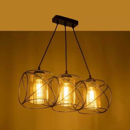 GLINDER 201-0141 Vintage Κρεμαστό Φωτιστικό Οροφής με Ντουί 3 x E27 AC 220-240V IP20 - Μαύρο & Μελί - Μ53 x Π25 x Υ23cm