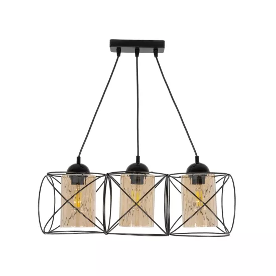 GLINDER 201-0141 Vintage Κρεμαστό Φωτιστικό Οροφής με Ντουί 3 x E27 AC 220-240V IP20 - Μαύρο & Μελί - Μ53 x Π25 x Υ23cm
