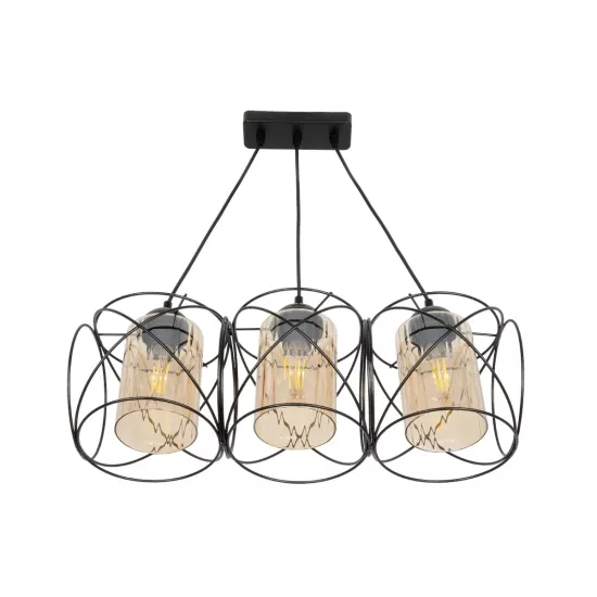 GLINDER 201-0141 Vintage Κρεμαστό Φωτιστικό Οροφής με Ντουί 3 x E27 AC 220-240V IP20 - Μαύρο & Μελί - Μ53 x Π25 x Υ23cm