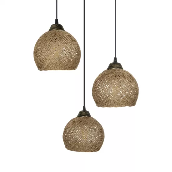 YASAM 203-0025 Vintage Κρεμαστό Φωτιστικό Πλέγμα Τρίφωτο 3 x E27 IP20 Καφέ Ρατάν - Μ42 x Π42 x Υ54cm