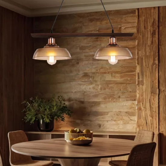 LOAN 203-0288 Μοντέρνο Κρεμαστό Φωτιστικό Οροφής με Ντουί 2 x E27 AC 220-240V IP20 - Καφέ & Μπρονζέ - Μ70 x Π25.5 x Υ19cm