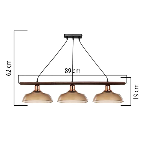 LOAN 203-0289 Μοντέρνο Κρεμαστό Φωτιστικό Οροφής με Ντουί 3 x E27 AC 220-240V IP20 - Καφέ & Μπρονζέ -  Μ89 x Π25.5 x Υ19cm