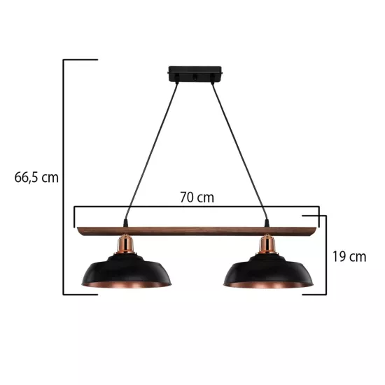 LOAN 203-0290 Μοντέρνο Κρεμαστό Φωτιστικό Οροφής με Ντουί 2 x E27 AC 220-240V IP20 - Μαύρο & Μπρονζέ - Μ70 x Π25.5 x Υ19cm