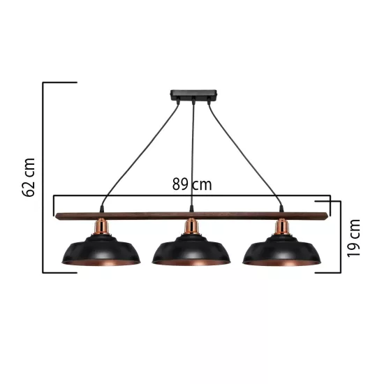 LOAN 203-0291 Μοντέρνο Κρεμαστό Φωτιστικό Οροφής με Ντουί 3 x E27 AC 220-240V IP20 - Μαύρο & Μπρονζέ - Μ89 x Π25.5 x Υ19cm