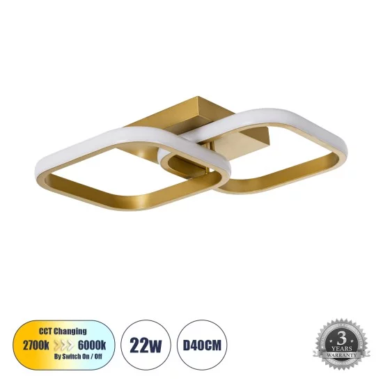 NORA 61063 Μοντέρνο Φωτιστικό Οροφής LED 22W 2640lm 300° AC 220-240V IP20 Ρυθμιζόμενο Λευκό CCT με On/Off 2700K/4500K/6000K - Lumileds SMD Chip - Σατινέ Χρυσό Βούρτσας - Μ40 x Π24 x Υ7cm - 3 Χρόνια Εγγύηση