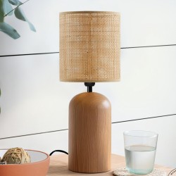 HARD 204-0065 Boho Eπιτραπέζιο Φωτιστικό Πορτατίφ Μονόφωτο 1 x E27 IP20 Καφέ Ξύλο με Μπεζ Ρατάν - Μ15 x Π15 x Υ35cm