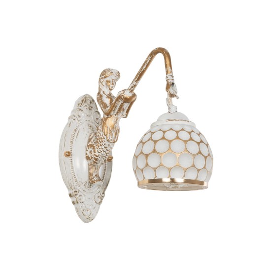MERMAID 01317 Vintage Επιτοίχιο Φωτιστικό Απλίκα Μονόφωτο 1 x E27 IP20 Λευκό Γυαλί με Λευκό & Χρυσό Μέταλλο - Μ28 x Π14 x Υ24cm