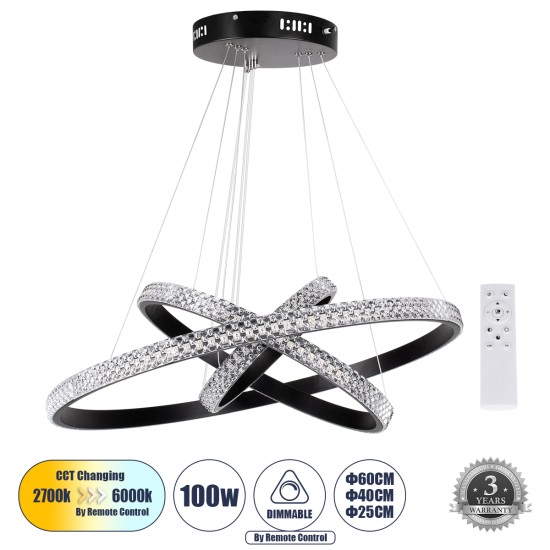 DIAMOND TRIO 61136-DECO Μοντέρνο Κρεμαστό Φωτιστικό Οροφής LED 100W 12123lm 360° AC 220-240V IP20 Ρυθμιζόμενο Λευκό CCT με Χειριστήριο από 2700K έως 6000K Dimmable - Lumileds SMD Chip - Μαύρο Ματ - Μ60 x Π60 x Υ60cm - 3 Χρόνια Εγγύηση