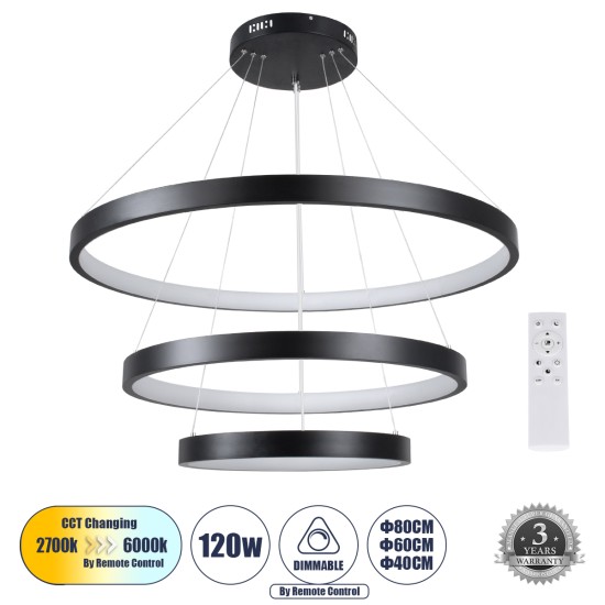 NEMESIS TRIO 61170 Μοντέρνο Κρεμαστό Φωτιστικό Οροφής LED 120W 14723lm 360° AC 220-240V IP20 Ρυθμιζόμενο Λευκό CCT με Χειριστήριο από 2700K έως 6000K Dimmable - Lumileds SMD Chip - Μαύρο Ματ - Μ80 x Π80 x Υ80cm - 3 Χρόνια Εγγύηση