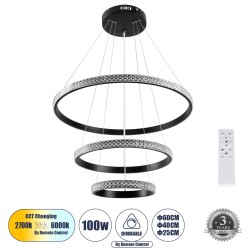 DIAMOND TRIO 61136 Μοντέρνο Κρεμαστό Φωτιστικό Οροφής LED 100W 12123lm 360° AC 220-240V IP20 Ρυθμιζόμενο Λευκό CCT με Χειριστήριο από 2700K έως 6000K Dimmable - Lumileds SMD Chip - Μαυρό Ματ - Μ60 x Π60 x Υ60cm - 3 Χρόνια Εγγύηση