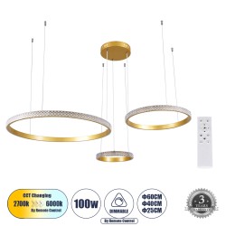 DIAMOND TRIO 61143 Μοντέρνο Κρεμαστό Φωτιστικό Οροφής LED 100W 12123lm 360° AC 220-240V IP20 Ρυθμιζόμενο Λευκό CCT με Χειριστήριο από 2700K έως 6000K Dimmable - Lumileds SMD Chip - Χρυσό Βούρτσας - Μ110 x Π110 x Υ60cm - 3 Χρόνια Εγγύηση