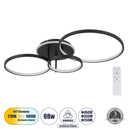 NEMESIS 61108 Μοντέρνο Φωτιστικό Οροφής LED 98W 11858lm 360° AC 220-240V IP20 Ρυθμιζόμενο Λευκό CCT με Χειριστήριο από 2700K έως 6000K Dimmable - Lumileds SMD Chip - Μαύρο Ματ - Μ89 x Π60 x Υ19cm - 3 Χρόνια Εγγύηση