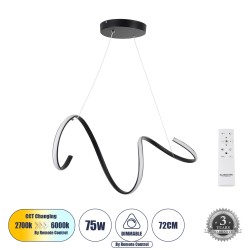 SPIRALE 61283 Μοντέρνο Κρεμαστό Φωτιστικό Οροφής LED 75W 8400lm 300° AC 220-240V IP20 Ρυθμιζόμενο Λευκό CCT με Χειριστήριο από 2700K έως 6000K Dimmable - Lumileds SMD Chip - Μαύρο Ματ - Μ72 x Π25 x Υ30cm - 3 Χρόνια Εγγύηση