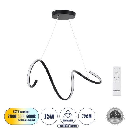 SPIRALE 61283 Κρεμαστό Φωτιστικό Οροφής Design LED CCT 75W 8400lm 300° AC 220-240V - Εναλλαγή Φωτισμού μέσω Τηλεχειριστηρίου All In One Ψυχρό 6000k+Φυσικό 4500k+Θερμό 2700k Dimmable Μ72 x Π25 x Υ30cm - Μαύρο - 3 Years Warranty SPIRALE 61283 Κρεμαστό Φωτιστικό Οροφής Design LED CCT 75W 8400lm 300° AC 220-240V - Εναλλαγή Φωτισμού μέσω Τηλεχειριστηρίου All In One Ψυχρό 6000k+Φυσικό 4500k+Θερμό 2700k Dimmable Μ72 x Π25 x Υ30cm - Μαύρο - 3 Years Warranty