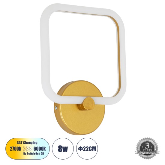 ELIZA 61344 Φωτιστικό Τοίχου - Απλίκα Design LED CCT 8W 960lm 360° AC 220-240V - Εναλλαγή Φωτισμού μέσω Διακόπτη On/Off All In One Ψυχρό 6000k+Φυσικό 4500k+Θερμό 2700k Μ22 x Π5 x Υ28.5cm - Χρυσό - 3 Years Warranty