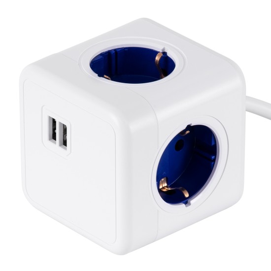 TRAVEL PowerCube PRO Certified 79643 Πολύπριζο 6 Θέσεων με 1.5m Kαλώδιο - 4 Πρίζες Ασφαλείας Childproof EU Schuko AC 220-240V & 2 Πρίζες USB Max 2.1A/DC 5V Μ7.5 x Π7.5 x Υ7.5 - Λευκό με Μπλε - Max Load 3680W/16A