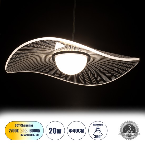 ACRYLICA 60974 Κρεμαστό Φωτιστικό Οροφής Design LED CCT 20W 2240lm 360° AC 220-240V - Εναλλαγή Φωτισμού μέσω Διακόπτη On/Off All In One Ψυχρό 6000k+Φυσικό 4500k+Θερμό 2700k Φ40cm - Μαύρο με Διάφανο Laser Designed Plexiglass - 3 Years Warranty