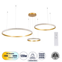 DIAMOND TRIO 61145 Μοντέρνο Κρεμαστό Φωτιστικό Οροφής LED 120W 14723lm 360° AC 220-240V IP20 Ρυθμιζόμενο Λευκό CCT με Χειριστήριο από 2700K έως 6000K Dimmable - Lumileds SMD Chip - Χρυσό Βούρτσας - Μ150 x Π150 x Υ60cm - 3 Χρόνια Εγγύηση