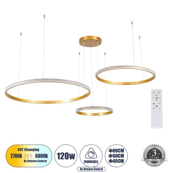 DIAMOND TRIO 61145 Μοντέρνο Κρεμαστό Φωτιστικό Οροφής LED 120W 14723lm 360° AC 220-240V IP20 Ρυθμιζόμενο Λευκό CCT με Χειριστήριο από 2700K έως 6000K Dimmable - Lumileds SMD Chip - Χρυσό Βούρτσας - Μ150 x Π150 x Υ60cm - 3 Χρόνια Εγγύηση
