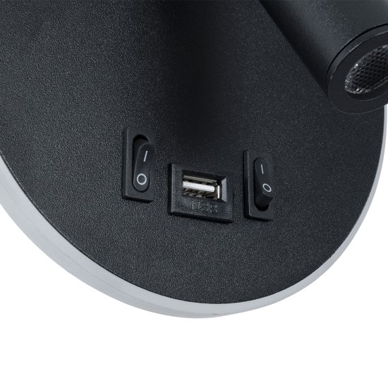 LADY-R 60938 Μοντέρνο Φωτιστικό Τοίχου - Απλίκα Ξενοδοχείου Reading Light με Φορτιστή USB 3A LED 6W 600lm 36° & 360° AC 220-240V IP20 Φυσικό Λευκό 4500K - Bridgelux COB Chip & TÜV SÜD Driver - Μαύρο Ματ - Μ15 x Π15 x Υ7cm - 3 Χρόνια Εγγύηση