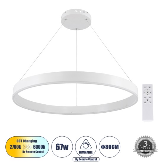 VENOM 61180 Μοντέρνο Κρεμαστό Φωτιστικό Οροφής LED 67W 7863lm 120° AC 220-240V IP20 Ρυθμιζόμενο Λευκό CCT με Χειριστήριο από 2700K έως 6000K Dimmable - Lumileds SMD Chip - Λευκό Ματ - Μ80 x Π80 x Υ6.5cm - 3 Χρόνια Εγγύηση