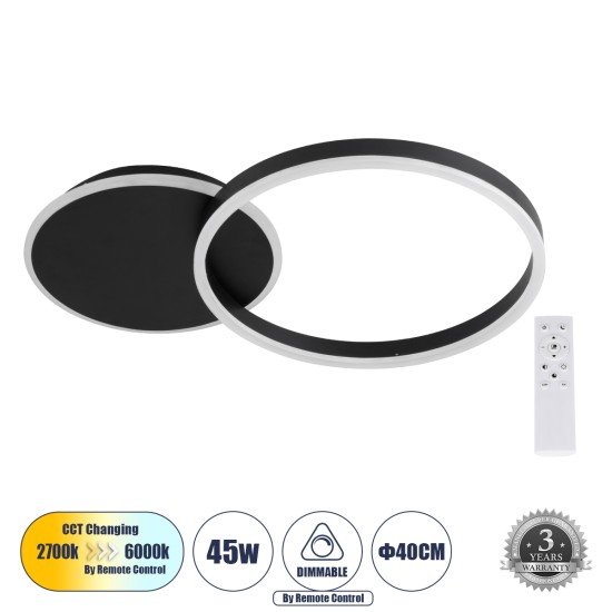 VENOM 61117 Μοντέρνο Φωτιστικό Οροφής LED 45W 5445lm 360° AC 220-240V IP20 Ρυθμιζόμενο Λευκό CCT με Χειριστήριο από 2700K έως 6000K Dimmable - Lumileds SMD Chip - Μαύρο Ματ - Μ60 x Π40 x Υ7.5cm - 3 Χρόνια Εγγύηση