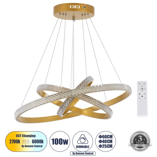 DIAMOND TRIO 61137-DECO Μοντέρνο Κρεμαστό Φωτιστικό Οροφής LED 100W 12123lm 360° AC 220-240V IP20 Ρυθμιζόμενο Λευκό CCT με Χειριστήριο από 2700K έως 6000K Dimmable - Lumileds SMD Chip - Χρυσό Βούρτσας - Μ60 x Π60 x Υ60cm - 3 Χρόνια Εγγύηση