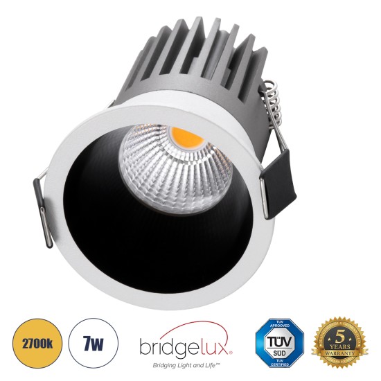 MICRO-B 60241 Χωνευτό LED Spot Downlight TrimLess Φ6cm 7W 875lm 38° AC 220-240V IP20 Φ6 x Υ7.8cm - Στρόγγυλο - Λευκό με Μαύρο Κάτοπτρο - Θερμό Λευκό 2700K - Bridgelux COB - 5 Years Warranty