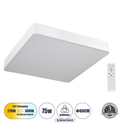 KAMALA 61209-S Μοντέρνο Φωτιστικό Οροφής LED 75W 8625lm 120° AC 220-240V IP20 Ρυθμιζόμενο Λευκό CCT με Χειριστήριο από 2700K έως 6000K Dimmable - Lumileds SMD Chip - Λευκό Ματ - Μ60 x Π60 x Υ8cm - 3 Χρόνια Εγγύηση