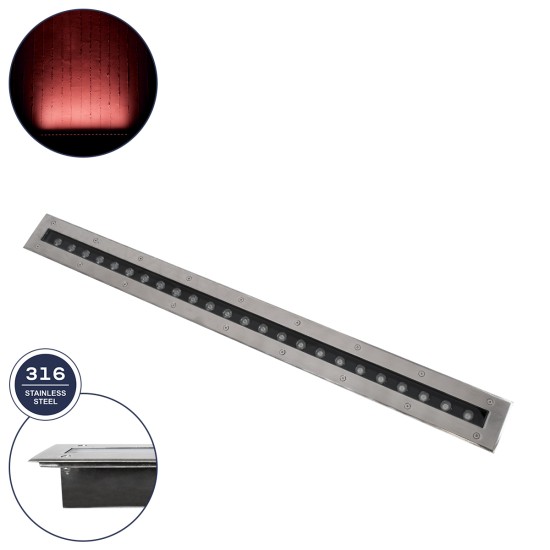 UNDERGROUND-REMVI 90194-R Χωνευτό Φωτιστικό Wall Washer Δαπέδου LED 18W 1440lm 10° DC 24V Αδιάβροχο IP68 L100 x W9 x H7.2cm Κόκκινο - Ανοξείδωτο Ατσάλι - 3 Years Warranty