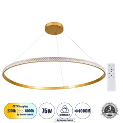 DIAMOND 61135 Μοντέρνο Κρεμαστό Φωτιστικό Οροφής LED 75W 8743lm 360° AC 220-240V IP20 Ρυθμιζόμενο Λευκό CCT με Χειριστήριο από 2700K έως 6000K Dimmable - Lumileds SMD Chip - Χρυσό Βούρτσας - Μ100 x Π100 x Υ3cm - 3 Χρόνια Εγγύηση