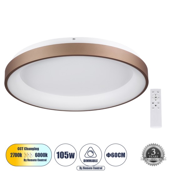 SALEM 61240 Πλαφονιέρα Οροφής Δαχτυλίδι-Κύκλος LED CCT 105W 12075lm 120° AC 220-240V - Εναλλαγή Φωτισμού μέσω Τηλεχειριστηρίου All In One Ψυχρό 6000k+Φυσικό 4500k+Θερμό 2700k Dimmable Φ60cm - Καφέ Χάλκινο - 3 Years Warranty