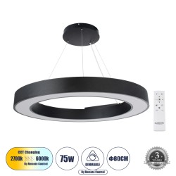RA 61196 Μοντέρνο Κρεμαστό Φωτιστικό Οροφής LED 75W 8250lm 120° AC 220-240V IP20 Ρυθμιζόμενο Λευκό CCT με Χειριστήριο από 2700K έως 6000K Dimmable - Lumileds SMD Chip - Μαύρο Ματ - Μ80 x Π80 x Υ8cm - 3 Χρόνια Εγγύηση