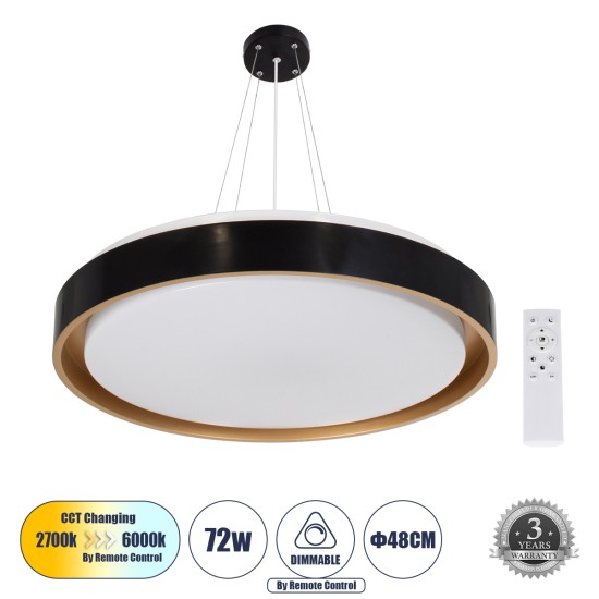 BARCHETTA 61047-P Κρεμαστή Πλαφονιέρα Οροφής LED CCT 72W 8306lm 120° AC 220-240V - Εναλλαγή Φωτισμού μέσω Τηλεχειριστηρίου All In One Ψυχρό 6000k+Φυσικό 4500k+Θερμό 2700k Dimmable Φ48cm - Μαύρο με Χρυσό - 3 Years Warranty