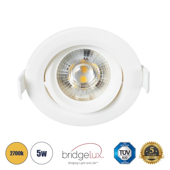 DE VALERA 60184 Χωνευτό LED Κινούμενο Spot Downlight 5W 470lm 60° AC 220-240V IP44 Φ9cm x Υ4cm - Στρόγγυλο - Λευκό - Θερμό Λευκό 2700K - Bridgelux Chip - TÜV Certified Driver - 5 Χρόνια Εγγύηση