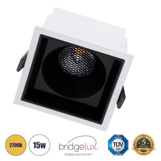 PLUTO-B 60277 Χωνευτό LED Spot Downlight TrimLess Μ10.4xΠ10.4cm 15W 1875lm 38° AC 220-240V IP20 Μ10.4 x Π10.4 x Υ6.5cm - Τετράγωνο - Λευκό με Μαύρο Κάτοπτρο & Anti-Glare HoneyComb - Θερμό Λευκό 2700K - Bridgelux COB - 5 Years Warranty