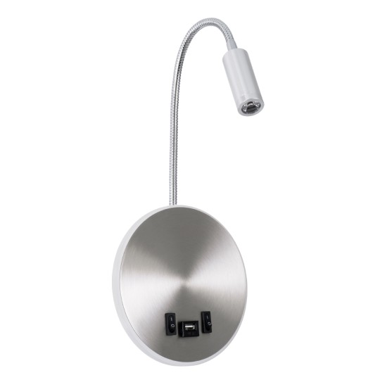 GOOSE 60884 Μοντέρνο Φωτιστικό Τοίχου - Απλίκα Ξενοδοχείου Reading Light με Φορτιστή USB 3A LED 6W 600lm 36° & 360° AC 220-240V IP20 Φυσικό Λευκό 4500K - CREE XPE & Lumileds SMD Chip & TÜV SÜD Driver - Νίκελ Βούρτσας - Μ15.5 x Π15 x Υ30.5cm - 