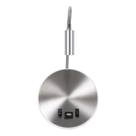 GOOSE 60884 Μοντέρνο Φωτιστικό Τοίχου - Απλίκα Ξενοδοχείου Reading Light με Φορτιστή USB 3A LED 6W 600lm 36° & 360° AC 220-240V IP20 Φυσικό Λευκό 4500K - CREE XPE & Lumileds SMD Chip & TÜV SÜD Driver - Νίκελ Βούρτσας - Μ15.5 x Π15 x Υ30.5cm - 