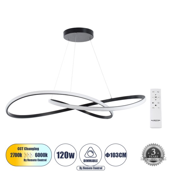 DEXTER 60917 Κρεμαστό Φωτιστικό Οροφής Design LED CCT 120W 13440lm 300° AC 220-240V - Εναλλαγή Φωτισμού μέσω Τηλεχειριστηρίου All In One Ψυχρό 6000k+Φυσικό 4500k+Θερμό 2700k Dimmable Φ103cm - Μαύρο - 3 Years Warranty