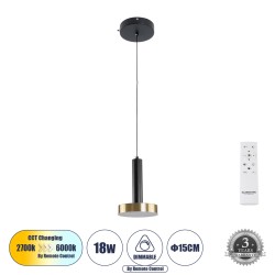 ZANE 60933 Κρεμαστό Φωτιστικό Design LED CCT 18W 2016lm 120° AC 220-240V IP20 - Εναλλαγή Φωτισμού μέσω Τηλεχειριστηρίου All In One Ψυχρό 6000k+Φυσικό 4500k+Θερμό 2700k Dimmable - Φ15 x Υ20cm - Μαύρο & Χρυσό - 3 Χρόνια Εγγύηση