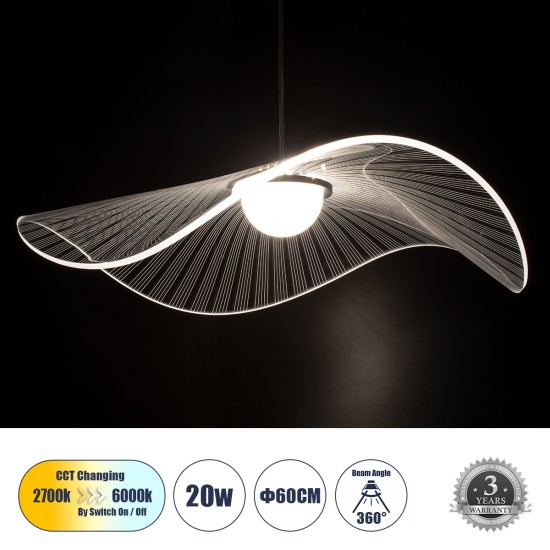 ACRYLICA 60975 Κρεμαστό Φωτιστικό Οροφής Design LED CCT 20W 2240lm 360° AC 220-240V - Εναλλαγή Φωτισμού μέσω Διακόπτη On/Off All In One Ψυχρό 6000k+Φυσικό 4500k+Θερμό 2700k Φ60cm - Μαύρο με Διάφανο Laser Designed Plexiglass - 3 Years Warranty