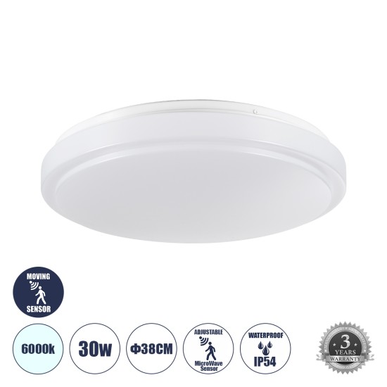 SENSORANO 60994 Πλαφονιέρα Οροφής LED 30W 3000lm 120° AC 220-240V με Ενσωματωμένο Σύστημα Ρυθμιζόμενου Microwave Αισθητήρα Κίνησης - Αδιάβροχη IP54 Φ38 x Υ5.3cm Ψυχρό Λευκό 6000K - Λευκό - Bridgelux Chips - 3 Years Warranty