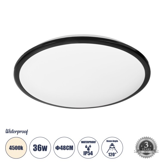 TUFFIN 60999 Πλαφονιέρα Οροφής LED 36W 3960lm 120° AC 220-240V Αδιάβροχη IP54 Φ48 x Υ6.5cm Φυσικό Λευκό 4500K - Μαύρο - Bridgelux Chips - 3 Years Warranty