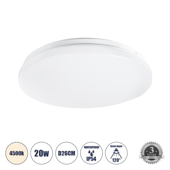 CELANO 61006 LED Πλαφονιέρα Οροφής Στρόγγυλη Φ26 20W 1900lm 120° AC 220-240V Αδιάβροχη IP54 Φ26 x Υ6cm Φυσικό Λευκό 4500K - 3 Χρόνια Εγγύηση