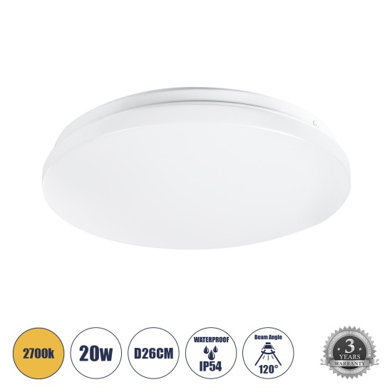 CELANO 61007 LED Πλαφονιέρα Οροφής Στρόγγυλη Φ26 20W 1800lm 120° AC 220-240V Αδιάβροχη IP54 Φ26 x Υ6cm Θερμό Λευκό 2700K - 3 Χρόνια Εγγύηση